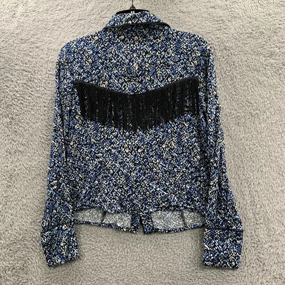 IDYLLWIND Shirt Womens Small Button Up Blouse Top Geometric Blue White - Picture 2 of 8